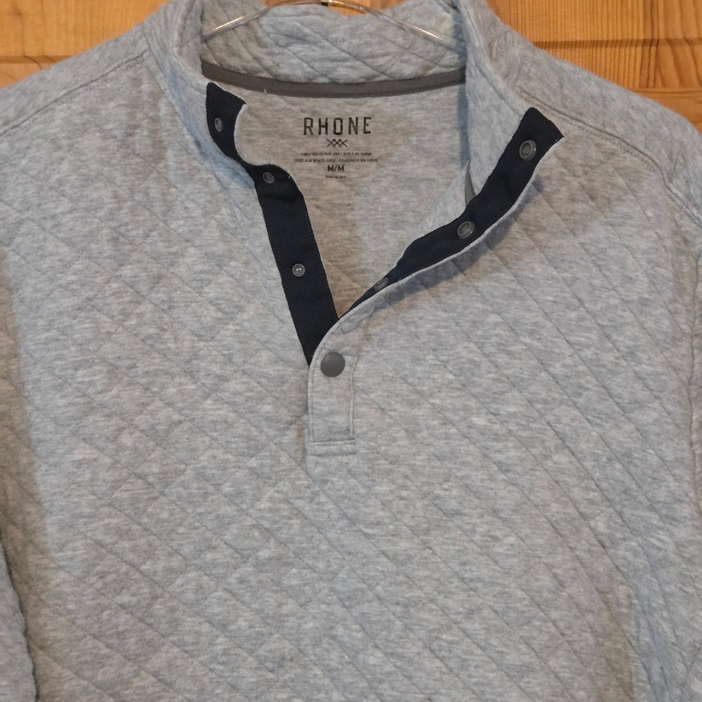 Rhone Mens Quilted Snap Neck Pullover Heather Gray Mock Neck Sweatshirt Size M